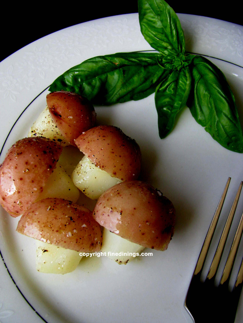 small red potatoes carved into mushroom shapes